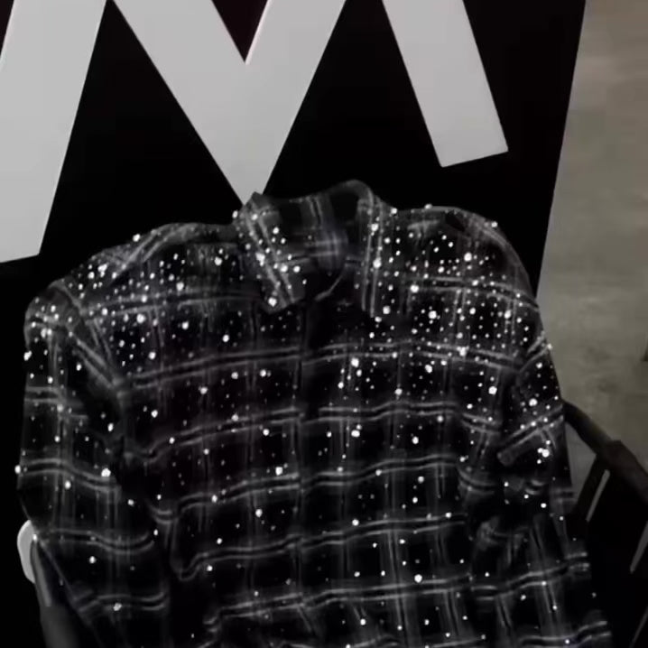 AALLYVA Rhinestone Plaid Long Sleeve Shirt Jacket