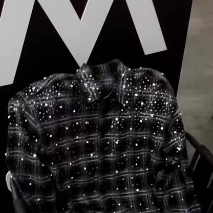 AALLYVA Rhinestone Plaid Long Sleeve Shirt Jacket