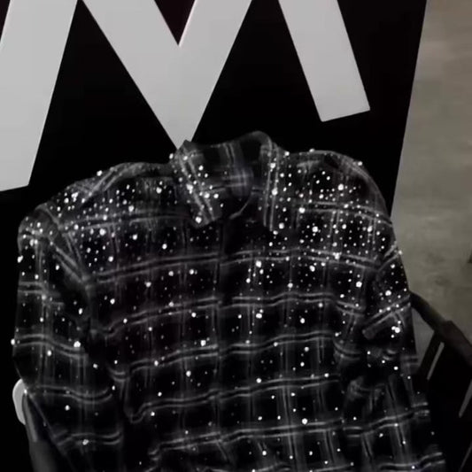 AALLYVA Rhinestone Plaid Long Sleeve Shirt Jacket